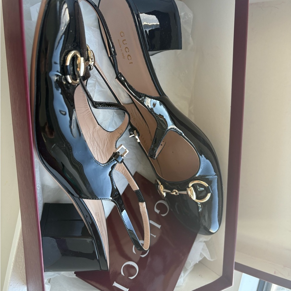 Gucci Black Patent Leather Heels with Gold Buckles
